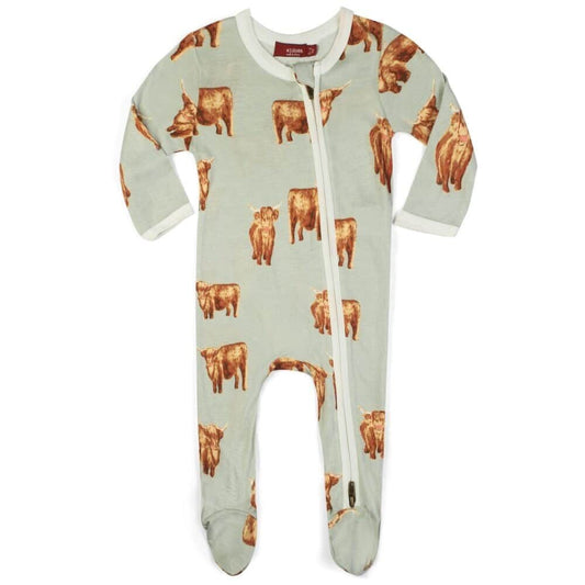 Footed Zipper Romper  Highland Cow