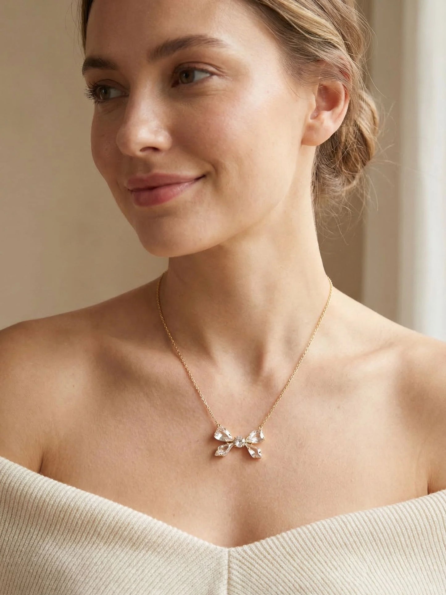 Delicate Clear Crystal Bow Pendant Necklace- 4NFZ5BGCRY
