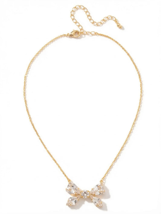 Delicate Clear Crystal Bow Pendant Necklace- 4NFZ5BGCRY