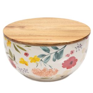 White Floral Salad Bowl w/ Wood Lid