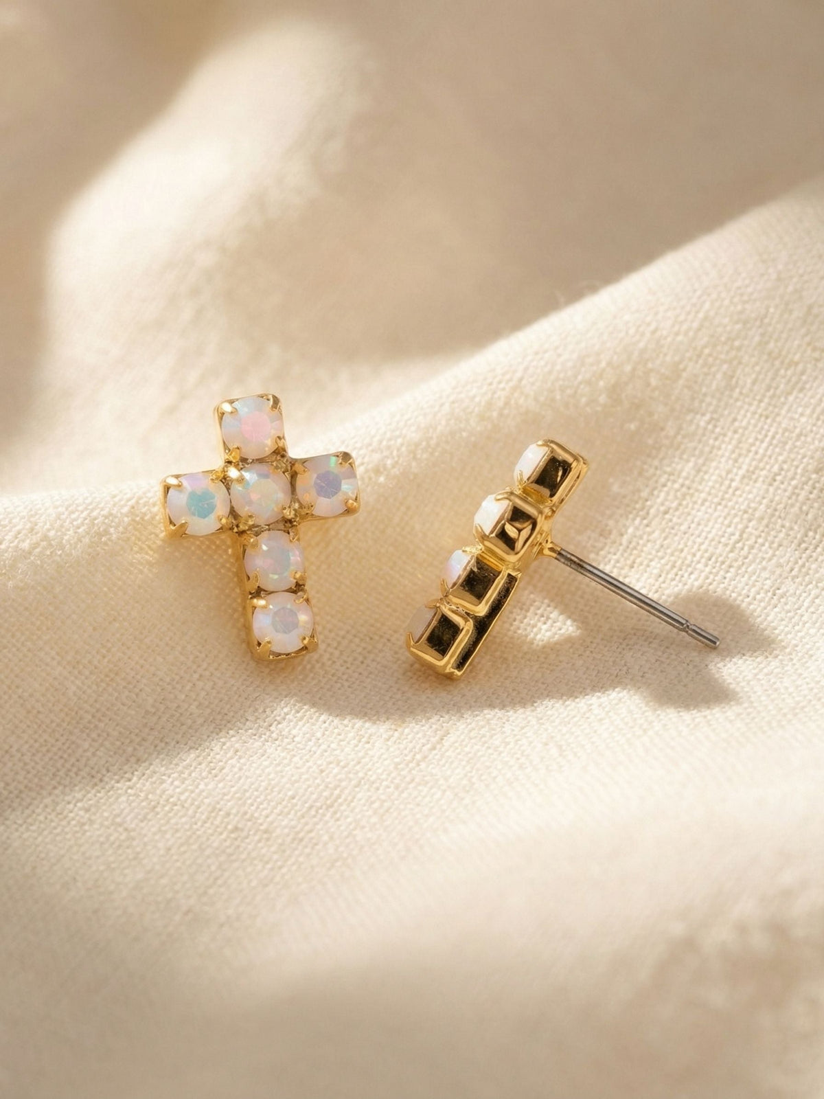 Carly Cross Stud Earrings - White and AB