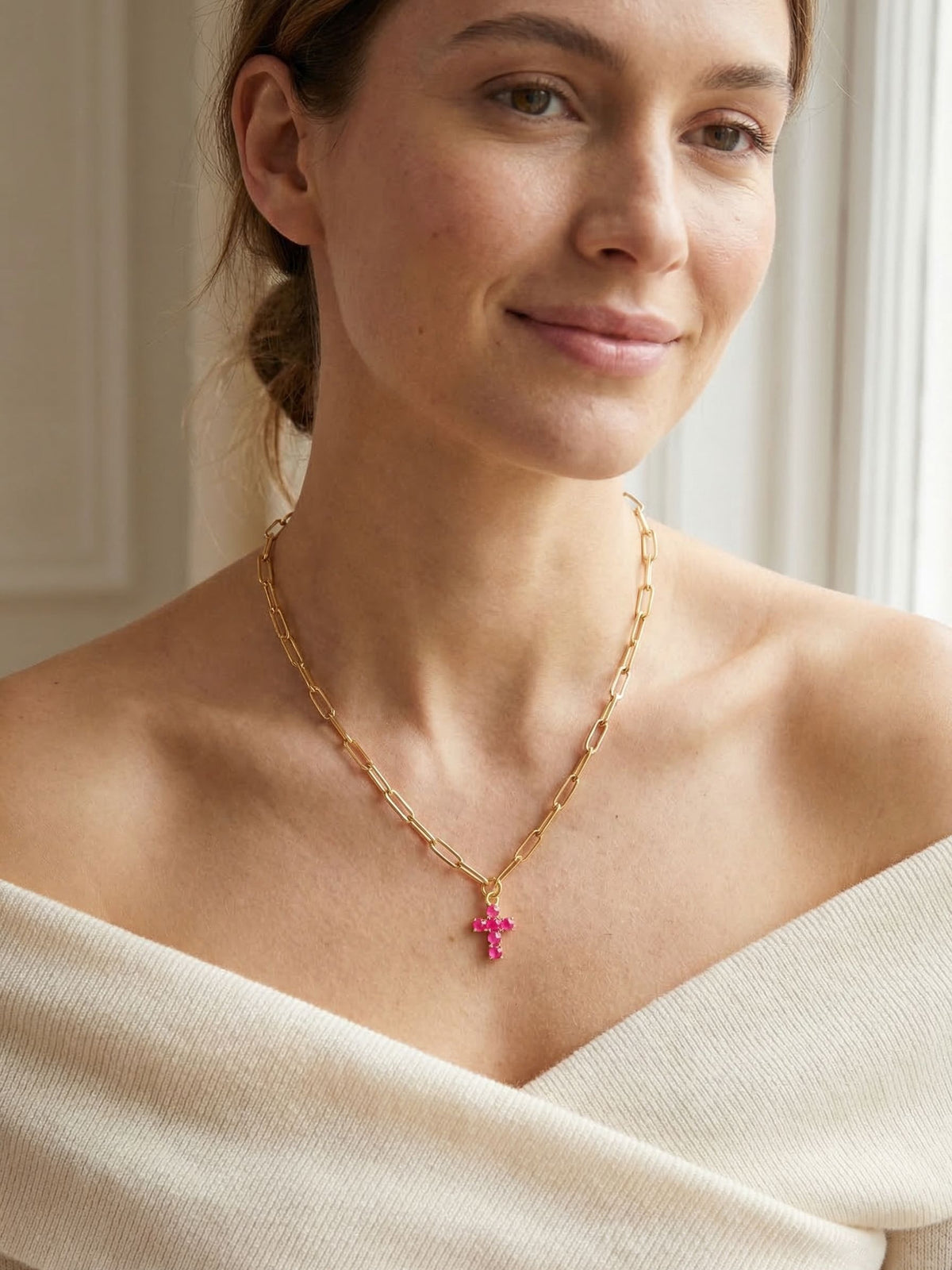 Carly Cross Pendant Necklace - Electric Pink