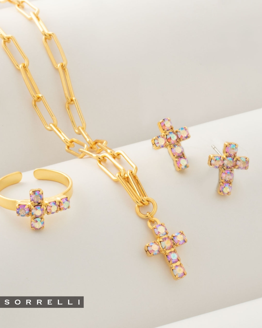 Carly Cross Stud Earrings - Light Rose AB