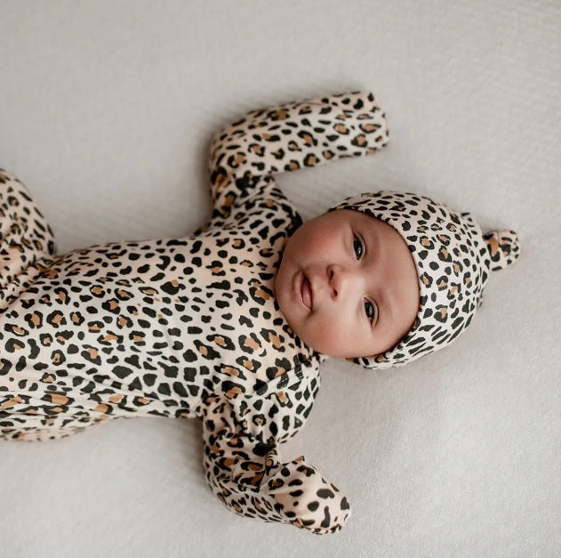 Knotted Baby Gown Leopard Print with cap NB-3 months